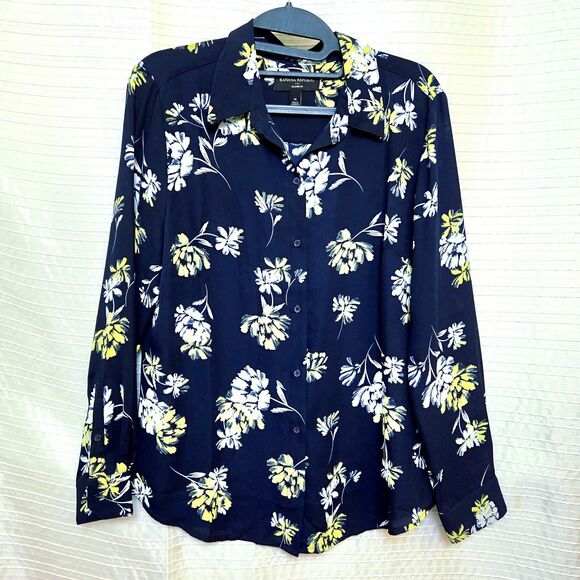 Banana Republic Floral Chiffon Shirt Women's M Navy Yellow White - Picture 8 of 10